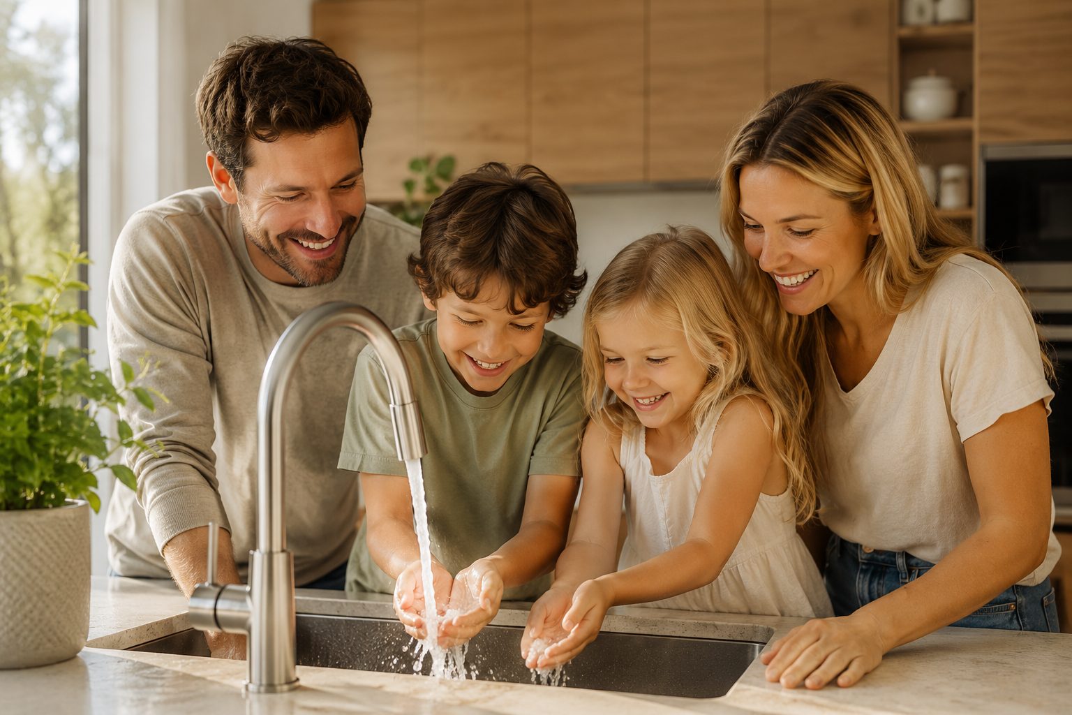 Familie am Wasserhahn in der Küche